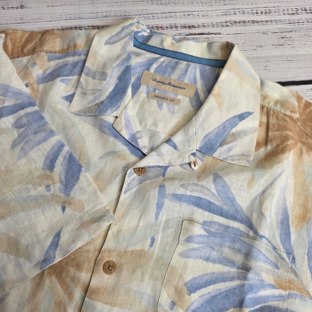 Tommy Bahama Mens Large 100% Linen Original Fit Loop Collar Palm Print Shirt
